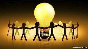 Figures holding hands around a light bulb (pic courtesy of pleasefund.us)