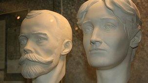 Busts of the late Tsar Nicholas II and his wife Alexandra on display at the Russian State Archives in Moscow