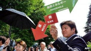 A protester outside the shareholders' meeting on 27 June