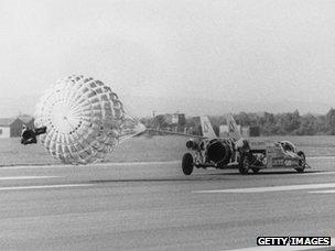 The jet-propelled car 'Thrust 2' driven by Richard Noble, breaking the British land speed record at RAF Greenham Common airbase in Berkshire, 1980