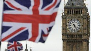 Union jack flying by the Houses of Parliament