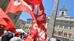 Members of trade unions demonstrate in front of the Italian parliament during a session on a controversial labour market reform on 27 June 2012 in Rome