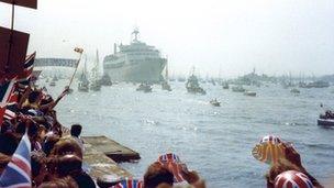 Canberra arriving back in Southampton from the Falklands