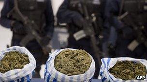 Mexican police stand guard over seized marijuana