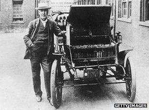 American inventor and physicist Thomas Edison (1847 - 1931) and his electric car the Edison Baker