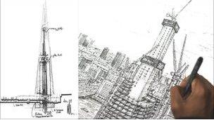 Early concept drawing of Shard, and a recent sketch by artist Stephen Wiltshire