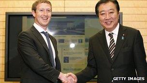 Mark Zuckerberg shakes hands with Yoshihiko Noda