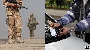 British soldiers and traffic warden