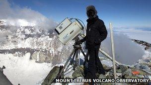 Dr Clive Oppenheimer taking readings from the Mount Erebus volcano