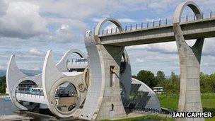 The Falkirk Wheel links the Forth and Clyde Canal with the Union Canal