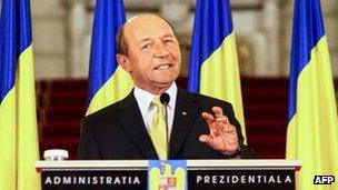 Romanian President Traian Basescu speaking on 3 July