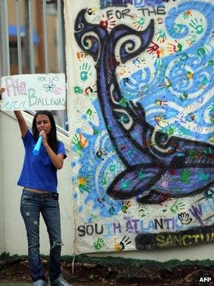 Activists protest demanding the creation of a South Atlantic whale sanctuary, in front of the hotel where the 64th International Whaling Commission meeting is taking place, in Panama City