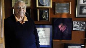 Ernest Borgnine poses for a portrait at his home in Beverly Hills