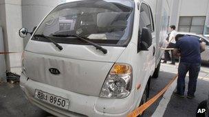 The confiscated truck at a police station in Seoul, South Korea