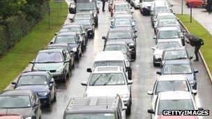 Large traffic jam forms outside the circuit during practice for the British Grand Prix at Silverstone