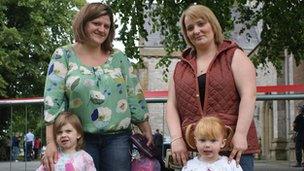 Katrina Bamsey (left) and Jasmine Bellis, with children