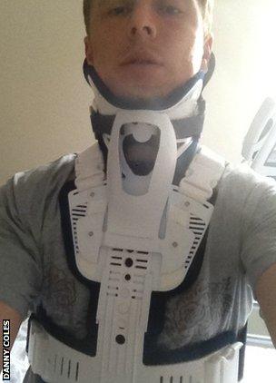 Danny Coles wearing his back brace