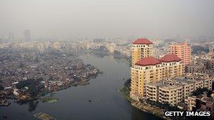 General view of Dhaka, with slum area seen on left