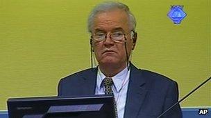 Screengrab of Ratko Mladic sitting in court in The Hague