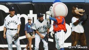 Hideki Matsui and Ichiro Suzuki have some fun in the outfield at the MLB All-Star Game in 2003