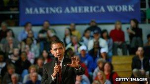 President Barack Obama addresses Indiana residents during a town halll style meeting