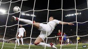 John Terry clears a ball off the line during England's 1-0 win over Ukraine at Euro 2012