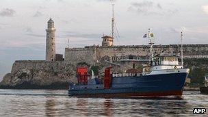 The cargo ship Ana Cecilia arrives in Havana harbour from Miami