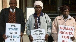 From left: Wambugu Wa Nyingi, Jane Muthoni Mara, Paulo Nzili outside the Royal Courts of Justice