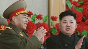 North Korean leader Kim Jong-Un (R) with army chief Ri Yong-ho during a military parade, 16 February 2012