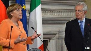 German Chancellor Angela Merkel and Italian PM Mario Monti, 4 July 12