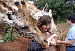 Emma Tracey with a giraffe in Kenya