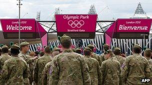 Soldiers outside the Olympic Park in Stratford