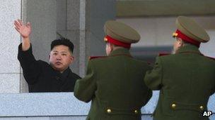 North Korean leader Kim Jong-un waves at Kumsusan Memorial Palace in Pyongyang on 16 February 2012