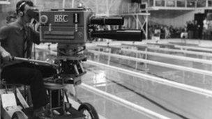 BBC camera at the pool side during the 1958 Empire Games in Cardiff