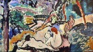 A reproduction of Pastorale, Nymphe et Faune painted by Henri Matisse in 1906