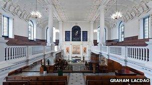 The inside of St Boltolph's Church in Aldgate, east London