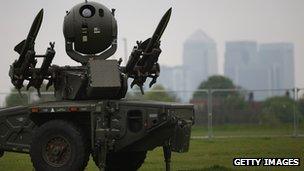 An Army Rapier missile defence battery is deployed at Blackheath in sight of the Canary Wharf