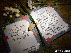 Messages left at a vigil for the victims of the shootings at a cinema in Aurora, Colorado (20 July 2012)