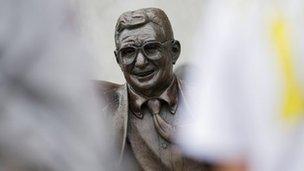 Statue of former Penn State University football coach Joe Paterno stands outside Beaver Stadium July 21