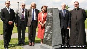 Left to right: Paul Clews, anatomy manager; the mayor of Newcastle; Professor Garner; Professor Wass; Mike Mahon and Father Jones with the memorial stone