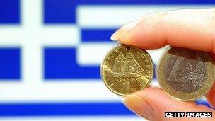 Euro and drachma coins plus Greek flag