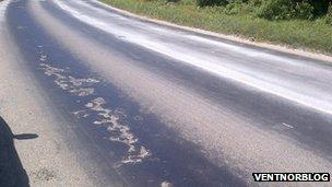 Melted road surface on the Isle of Wight