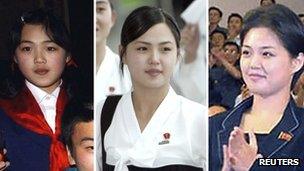 Composite photos of what is believed to be Ri Sol-ju at various events. From left: during an inter-Korean event in North Korea in 2003 and during an athletic event in South Korea in 2005. The third photo is a current photo from KCNA.