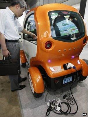 "Kobot mini" single-seater electric vehicle displayed at the Eco Office Expo in Tokyo Thursday, July 12, 2012