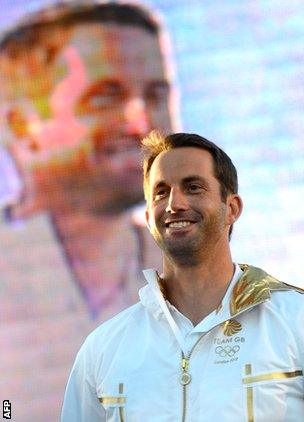 Ben Ainslie in person and on the giant video screens in Weymouth