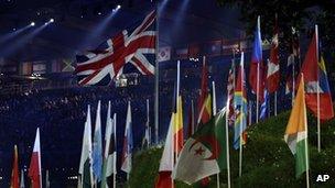 Flags on display at the London 2012 Opening Ceremony at the Olympic Stadium