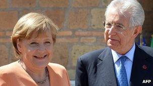 German Chancellor Angela Merkel and Italian Prime Minister Mario Monti on 4 July