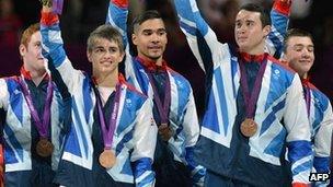 Great Britain's bronze medallists (from left) Daniel Purvis, Max Whitlock, Louis Smith, Kristian Thomas and Sam Oldham