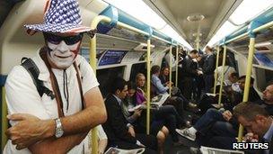 An American fan on the London Tube on the third day of the Olympics