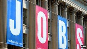 A jobs sign is seen on the front of the US Chamber of Commerce building in this September 2, 2010